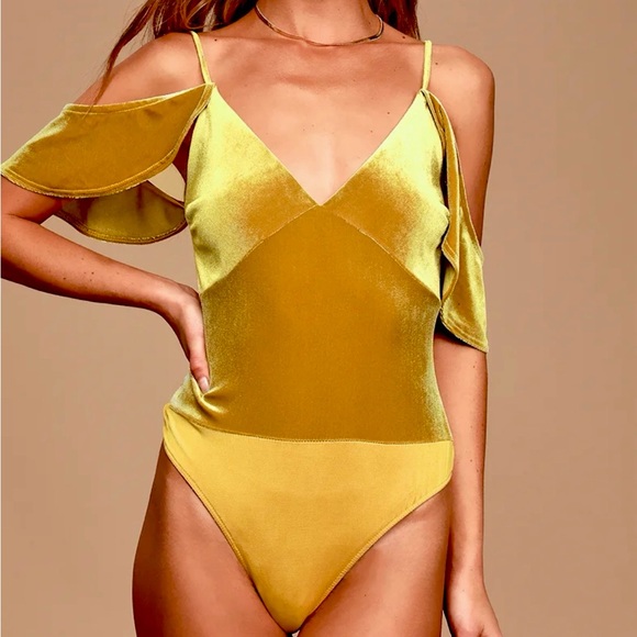 Lulus I'm Flattered Mustard/Light Brown Velvet Bodysuit! - Picture 2 of 14